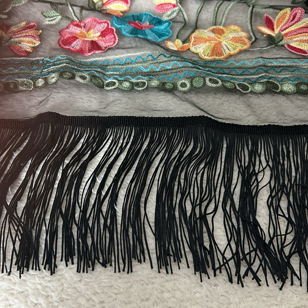 Haute Hippie Black Mesh Flower Embroidery Fringe Kimono One Size - Picture 4 of 9